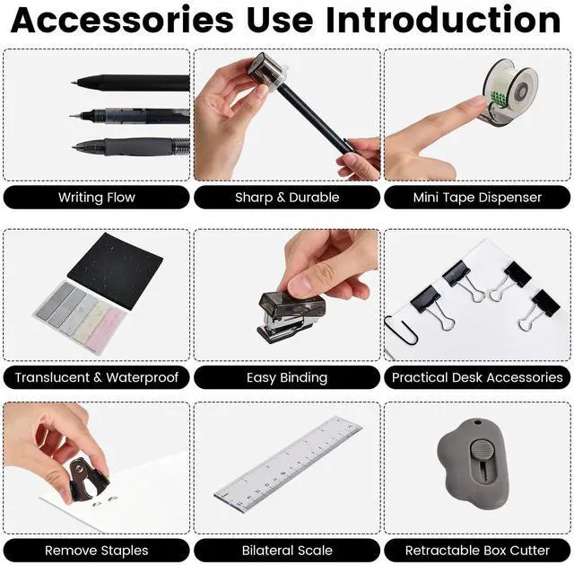 Alt view image 4 of 7 - Mini Office Supply Kit, Mini Stapler with Staples and Tape Dispenser Set, Mini School Supplies Kit Includes Sticky Notes Index Tabs Gel Pens for Office & School (Black)