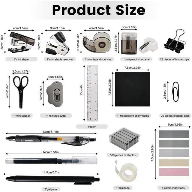 Alt view image 3 of 7 - Mini Office Supply Kit, Mini Stapler with Staples and Tape Dispenser Set, Mini School Supplies Kit Includes Sticky Notes Index Tabs Gel Pens for Office & School (Black)