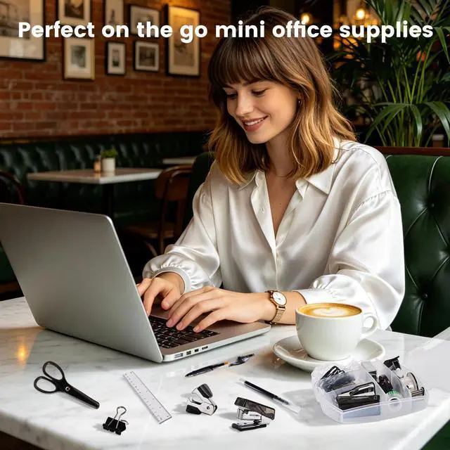 Alt view image 2 of 7 - Mini Office Supply Kit, Mini Stapler with Staples and Tape Dispenser Set, Mini School Supplies Kit Includes Sticky Notes Index Tabs Gel Pens for Office & School (Black)