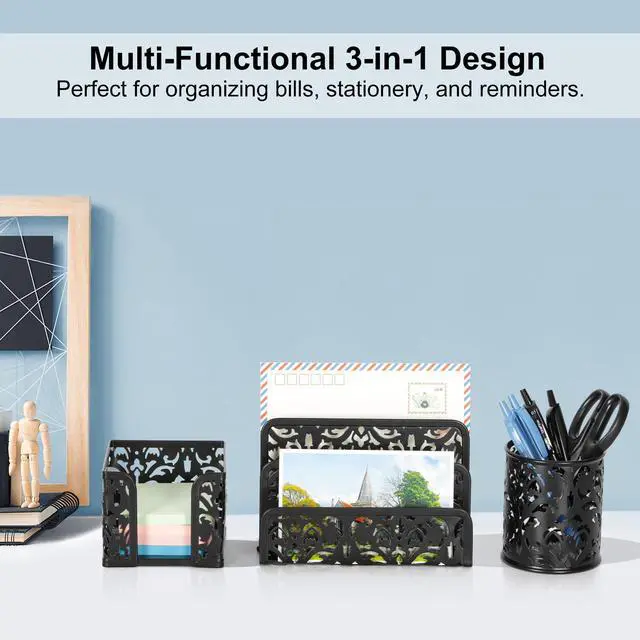 Alt view image 2 of 7 - Desk Organizers and Accessories 3 Pieces Office Organizer Set - Pen Holder for Desk, Mail Sorter Countertop and Sticky Note Holder, Black