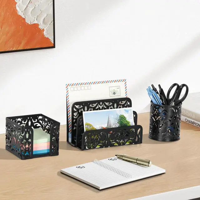 Alt view image 3 of 7 - Desk Organizers and Accessories 3 Pieces Office Organizer Set - Pen Holder for Desk, Mail Sorter Countertop and Sticky Note Holder, Black