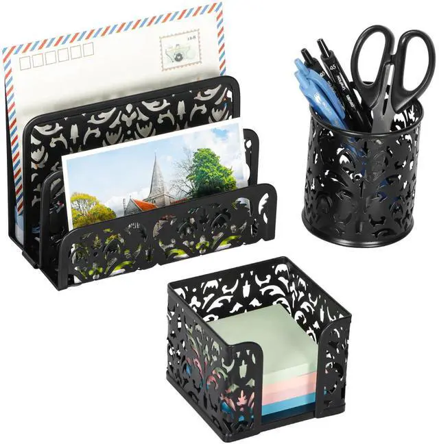 Main image of Desk Organizers and Accessories 3 Pieces Office Organizer Set - Pen Holder for Desk, Mail Sorter Countertop and Sticky Note Holder, Black