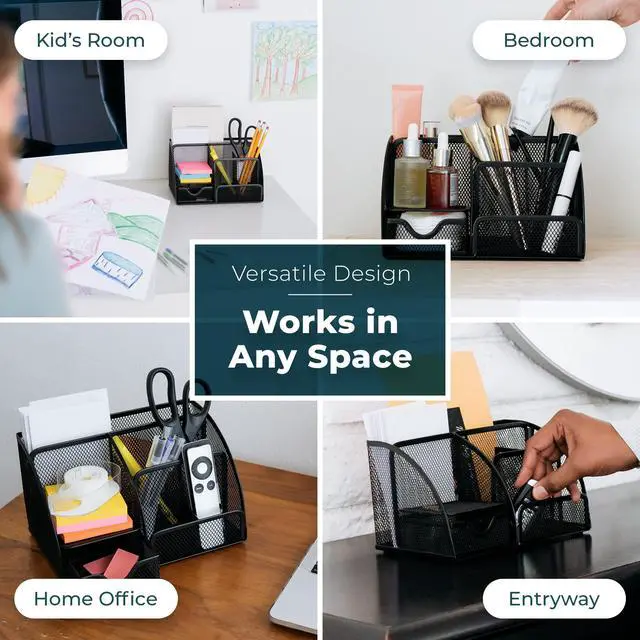 Alt view image 6 of 7 - Mesh Desk Organizer Office & Dorm Room Supplies Caddy, 6 Compartments, Small Black Desk Organizer for Pen, Pencil, Small Office Supplies and Stationary Accessories Storage Organization