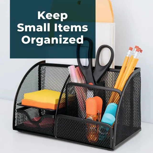 Alt view image 7 of 7 - Mesh Desk Organizer Office & Dorm Room Supplies Caddy, 6 Compartments, Small Black Desk Organizer for Pen, Pencil, Small Office Supplies and Stationary Accessories Storage Organization