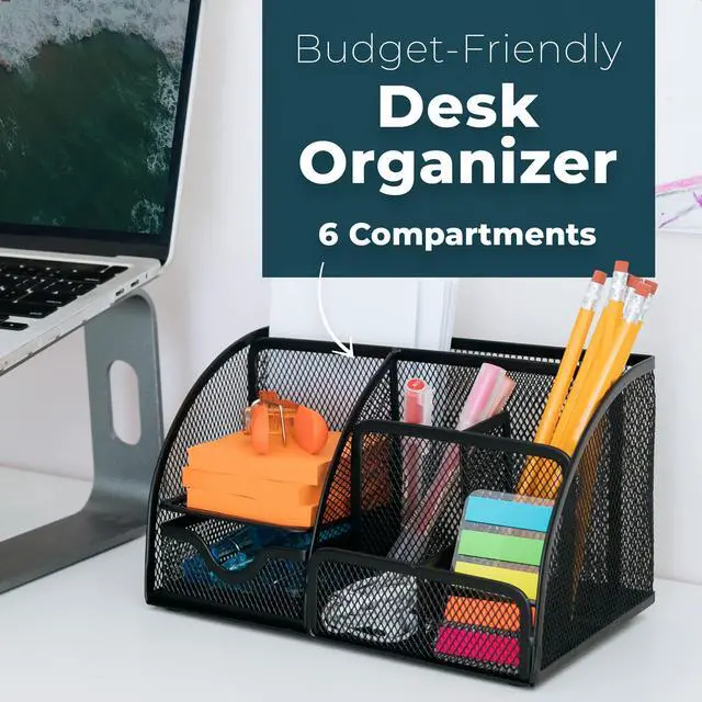Alt view image 2 of 7 - Mesh Desk Organizer Office & Dorm Room Supplies Caddy, 6 Compartments, Small Black Desk Organizer for Pen, Pencil, Small Office Supplies and Stationary Accessories Storage Organization