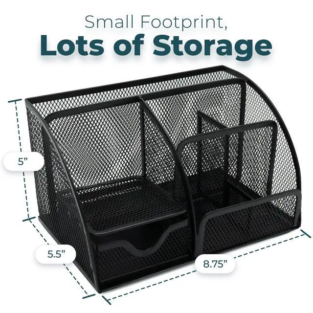Alt view image 4 of 7 - Mesh Desk Organizer Office & Dorm Room Supplies Caddy, 6 Compartments, Small Black Desk Organizer for Pen, Pencil, Small Office Supplies and Stationary Accessories Storage Organization
