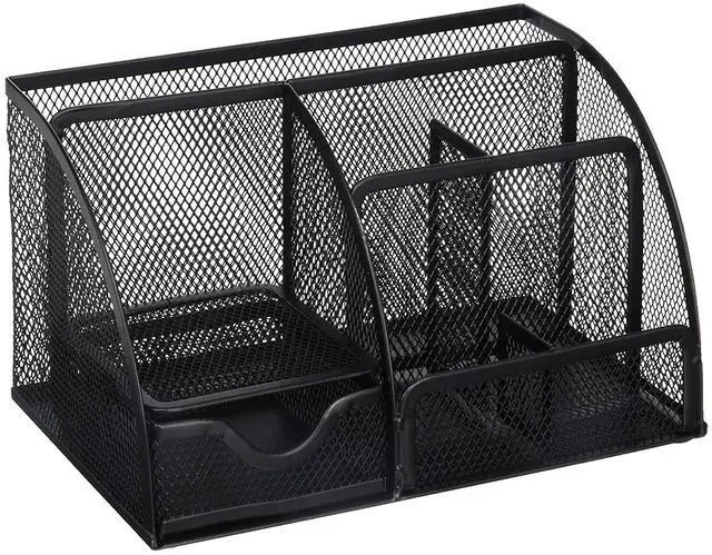 Main image of Mesh Desk Organizer Office & Dorm Room Supplies Caddy, 6 Compartments, Small Black Desk Organizer for Pen, Pencil, Small Office Supplies and Stationary Accessories Storage Organization