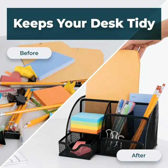 Alt view image 3 of 7 - Mesh Desk Organizer Office & Dorm Room Supplies Caddy, 6 Compartments, Small Black Desk Organizer for Pen, Pencil, Small Office Supplies and Stationary Accessories Storage Organization