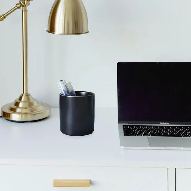 Alt view image 3 of 5 - Ceramic Pencil Holder for Desk - Cute Gold Trim Pen Aesthetic Makeup Brush Cup Holder Organizer for Desktop Storage Stationery Office Home Supplies, Black