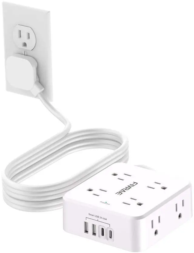 Main image of 10Ft Flat Plug Extension Cord with Multiple Outlets, FIVRAE 10 Ft Long Cord Surge Protector Power Strip with 8 Outlets and 4 USB Ports for Home Office, College Dorm Room Essentials, ETL, White