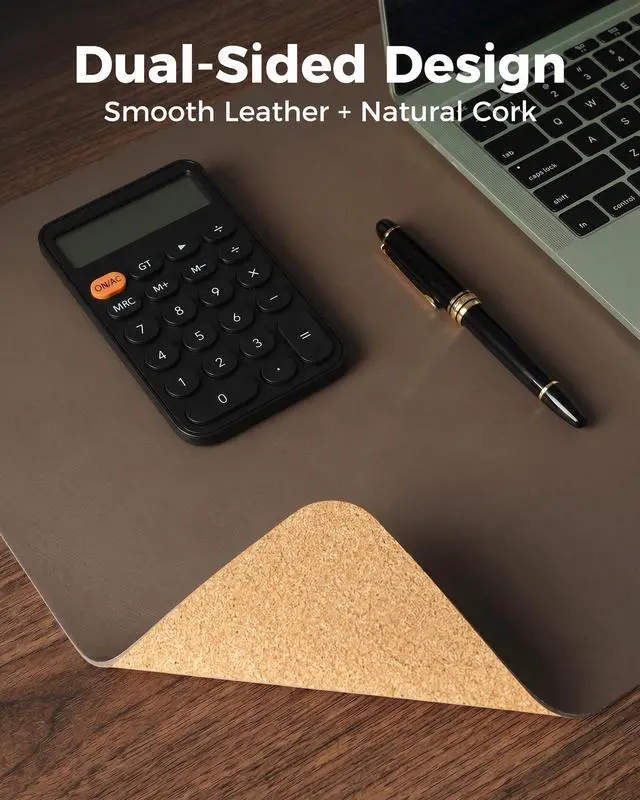 Alt view image 2 of 7 - Dual-Sided Desk Pad - Leather Desk Mat, Natural Cork Desk Pad Protector, Large Mouse Pad for Desk, Waterproof Desk Blotter Pad, Desk Writing Pad for Office Work/Home, Coffee (35.4" x 15.7")