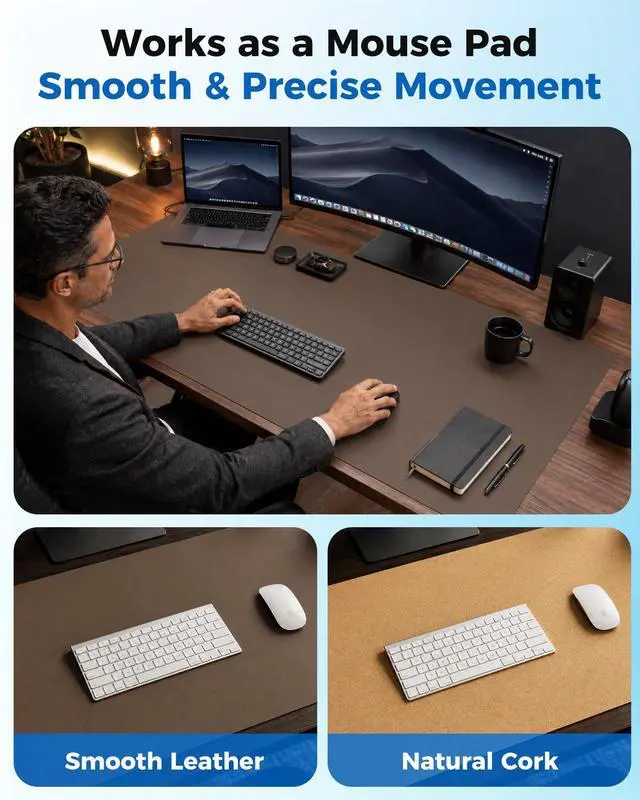 Alt view image 3 of 7 - Dual-Sided Desk Pad - Leather Desk Mat, Natural Cork Desk Pad Protector, Large Mouse Pad for Desk, Waterproof Desk Blotter Pad, Desk Writing Pad for Office Work/Home, Coffee (35.4" x 15.7")