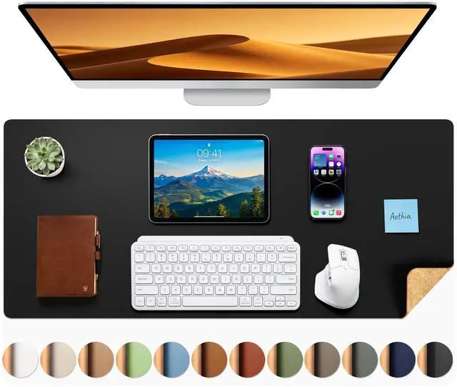 Main image of Dual-Sided Desk Pad - 35.4 x 15.7 inches Leather Desk Mat, Natural Cork Desk Pad Protector, Large Mouse Pad for Desk, Waterproof Desk Blotter Pad, Desk Writing Pad for Office Work/Home, Black