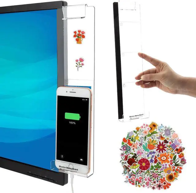 Main image of Office Desk Accessories 2 PCS Computer Memo Board with 100 PCS Floral Stickers, Office Supplies for Women Men Computer Message Board with Phone Holder Office Essentials