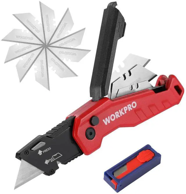 Main image of Folding Utility Knife, Quick Change Box Cutter, Red | Razor Knife with 13 Extra Blades Included, Blade Storage in Aluminum Handle, For Cartons, Cardboard, Boxes