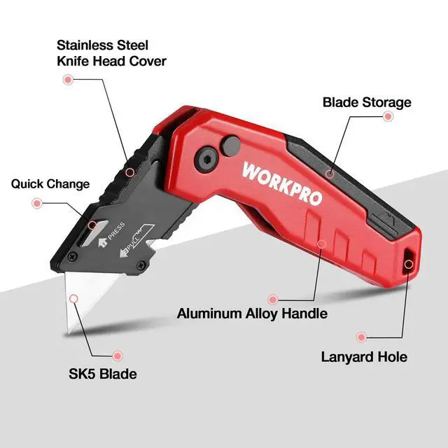 Alt view image 2 of 7 - Folding Utility Knife, Quick Change Box Cutter, Red | Razor Knife with 13 Extra Blades Included, Blade Storage in Aluminum Handle, For Cartons, Cardboard, Boxes