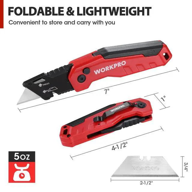 Alt view image 3 of 7 - Folding Utility Knife, Quick Change Box Cutter, Red | Razor Knife with 13 Extra Blades Included, Blade Storage in Aluminum Handle, For Cartons, Cardboard, Boxes