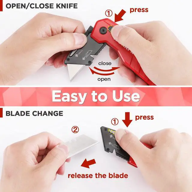 Alt view image 4 of 7 - Folding Utility Knife, Quick Change Box Cutter, Red | Razor Knife with 13 Extra Blades Included, Blade Storage in Aluminum Handle, For Cartons, Cardboard, Boxes