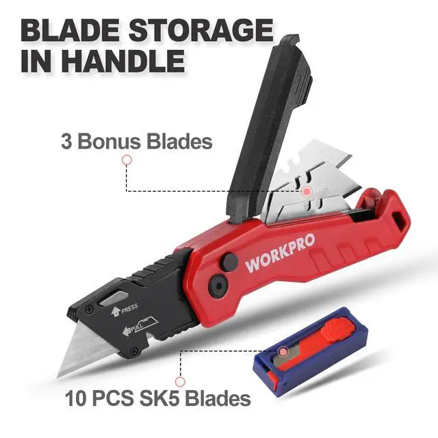 Alt view image 5 of 7 - Folding Utility Knife, Quick Change Box Cutter, Red | Razor Knife with 13 Extra Blades Included, Blade Storage in Aluminum Handle, For Cartons, Cardboard, Boxes