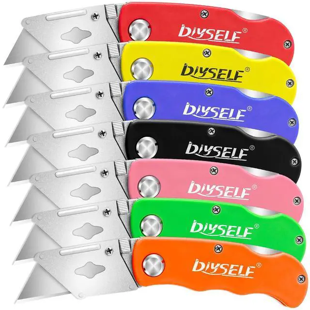 Main image of Knife 7 Pack Box Cutters, Back Lock Design, Quick Change Blade, Razor Knife Folding Utility Knives for Work, Boxes, Cardboard, Carton, Carpet