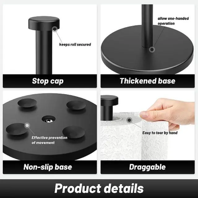 Alt view image 4 of 7 - Black Paper Towel Holder Countertop, Stainless Steel Paper Towel Holder Stand with Weighted Base Suction Cups for Kitchen Bathroom