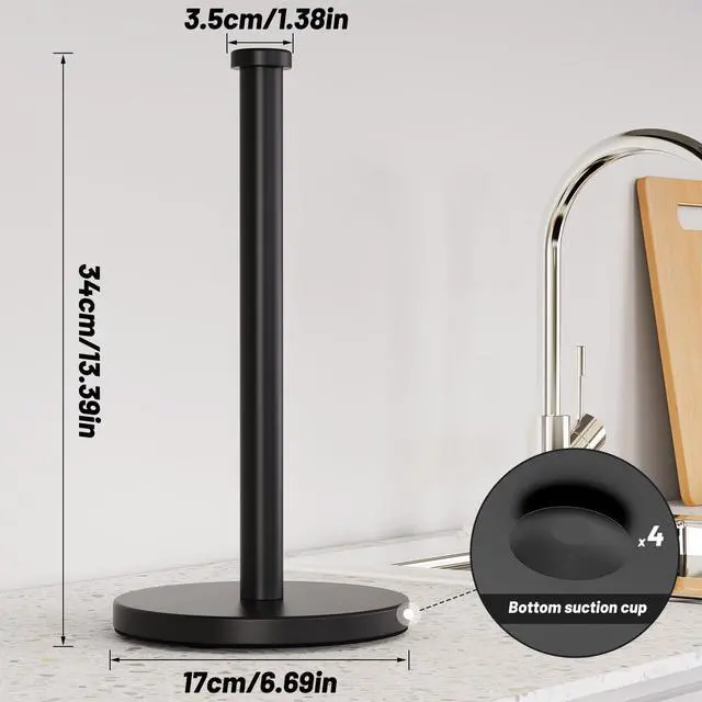Alt view image 3 of 7 - Black Paper Towel Holder Countertop, Stainless Steel Paper Towel Holder Stand with Weighted Base Suction Cups for Kitchen Bathroom
