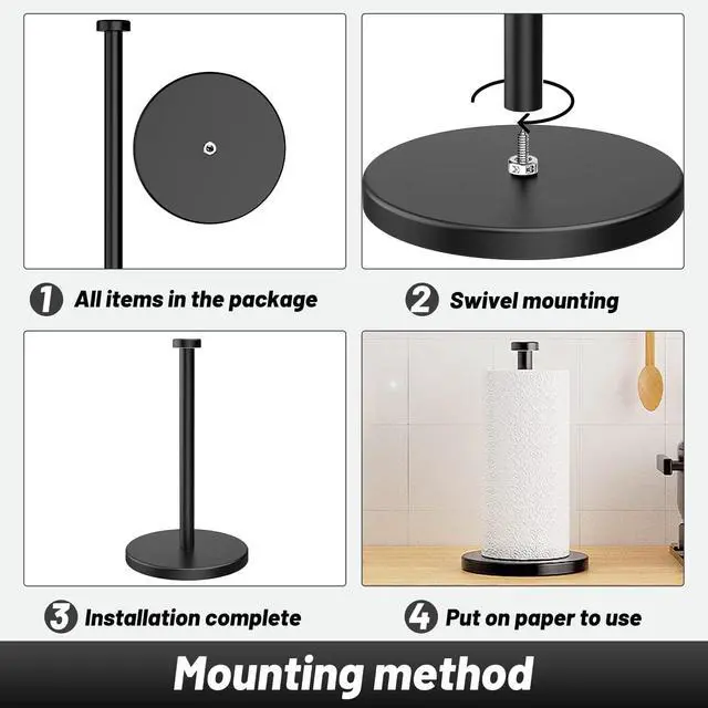 Alt view image 5 of 7 - Black Paper Towel Holder Countertop, Stainless Steel Paper Towel Holder Stand with Weighted Base Suction Cups for Kitchen Bathroom