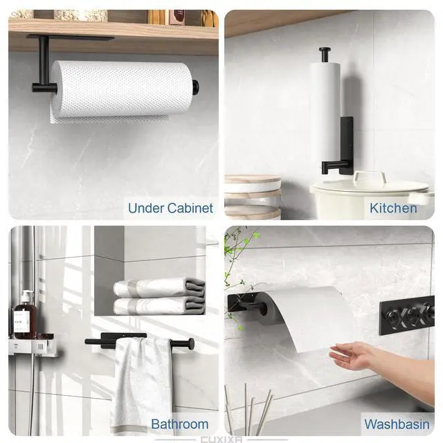 Alt view image 2 of 7 - Paper Towel Holder Under Cabinet 2 Pack, Under Counter Paper Towel Holder Wall Mount with Self Adhesive and Screws for Kitchen, Bathroom, RV(Stainless Steel, Black)
