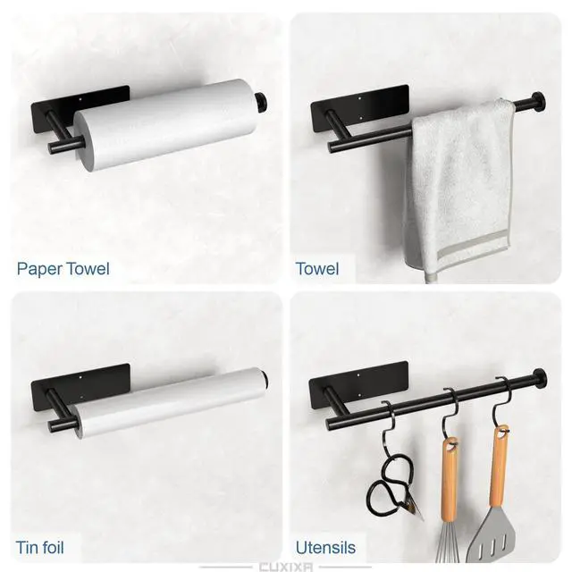 Alt view image 3 of 7 - Paper Towel Holder Under Cabinet 2 Pack, Under Counter Paper Towel Holder Wall Mount with Self Adhesive and Screws for Kitchen, Bathroom, RV(Stainless Steel, Black)