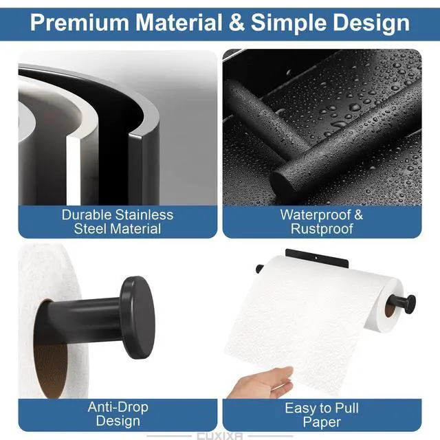 Alt view image 4 of 7 - Paper Towel Holder Under Cabinet 2 Pack, Under Counter Paper Towel Holder Wall Mount with Self Adhesive and Screws for Kitchen, Bathroom, RV(Stainless Steel, Black)