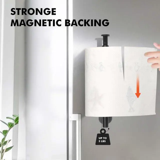 Alt view image 2 of 6 - Magnetic Paper Towel Holder, One Hand Operable Paper Towel Holder Wall Mount Self Adhesive and Strong Magnetic Backing for Kitchen Refrigerator Grill RV(Black)