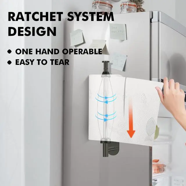 Alt view image 3 of 6 - Magnetic Paper Towel Holder, One Hand Operable Paper Towel Holder Wall Mount Self Adhesive and Strong Magnetic Backing for Kitchen Refrigerator Grill RV(Black)
