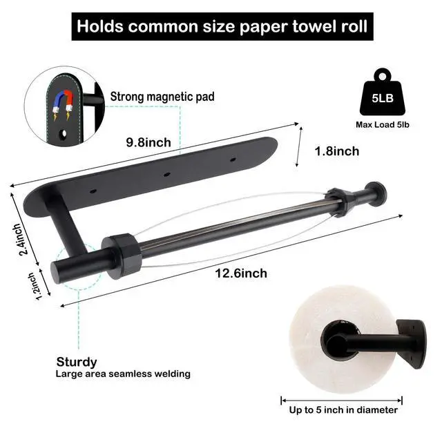Alt view image 6 of 6 - Magnetic Paper Towel Holder, One Hand Operable Paper Towel Holder Wall Mount Self Adhesive and Strong Magnetic Backing for Kitchen Refrigerator Grill RV(Black)