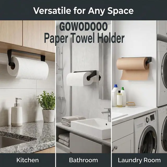 Alt view image 4 of 7 - Under Cabinet Paper Towel Holder Stainless SteelBlack Wall Mount & Under Counter Kitchen Roll Dispenser for Bathroom,RV,Garage,WorkshopSpace Saving Paper Towel Rack