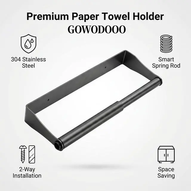 Alt view image 5 of 7 - Under Cabinet Paper Towel Holder Stainless SteelBlack Wall Mount & Under Counter Kitchen Roll Dispenser for Bathroom,RV,Garage,WorkshopSpace Saving Paper Towel Rack