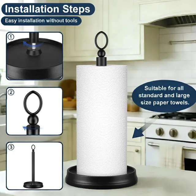 Alt view image 3 of 7 - Paper Towel Holder (with Heavy Weighted Base) Steel Paper Holder countertopBlack Paper Towel Holder for Kitchen Countertops, Bars & Dining Tables,Fits Standard & Jumbo Rolls, Matte Black