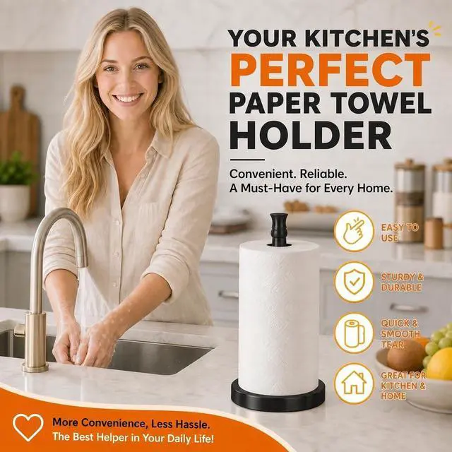 Alt view image 2 of 7 - Black Paper Towel Holder Countertop, Stainless Steel Heavy Weighted Base (2LBS in Weight, and 6.7inch in Diameter), Ripping Paper Towel Off One-Handed, No Wobbly (Black Matte)