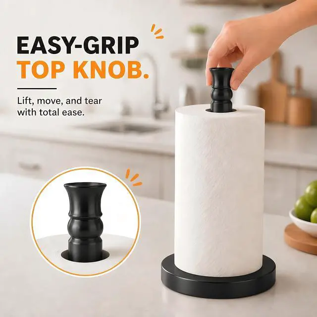 Alt view image 4 of 7 - Black Paper Towel Holder Countertop, Stainless Steel Heavy Weighted Base (2LBS in Weight, and 6.7inch in Diameter), Ripping Paper Towel Off One-Handed, No Wobbly (Black Matte)