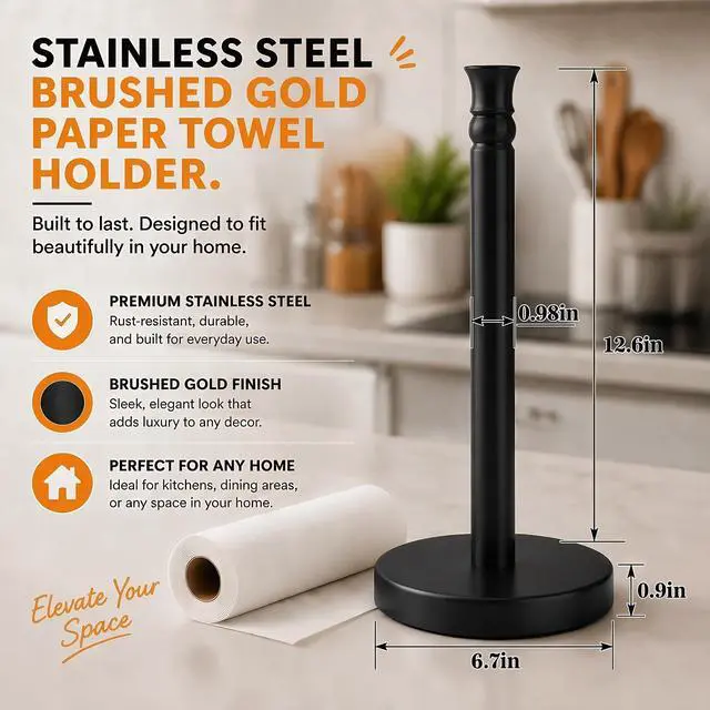 Alt view image 5 of 7 - Black Paper Towel Holder Countertop, Stainless Steel Heavy Weighted Base (2LBS in Weight, and 6.7inch in Diameter), Ripping Paper Towel Off One-Handed, No Wobbly (Black Matte)