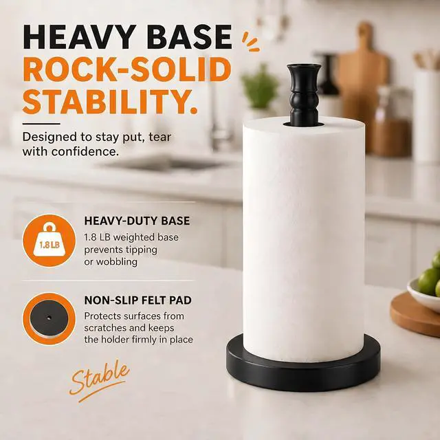 Alt view image 6 of 7 - Black Paper Towel Holder Countertop, Stainless Steel Heavy Weighted Base (2LBS in Weight, and 6.7inch in Diameter), Ripping Paper Towel Off One-Handed, No Wobbly (Black Matte)