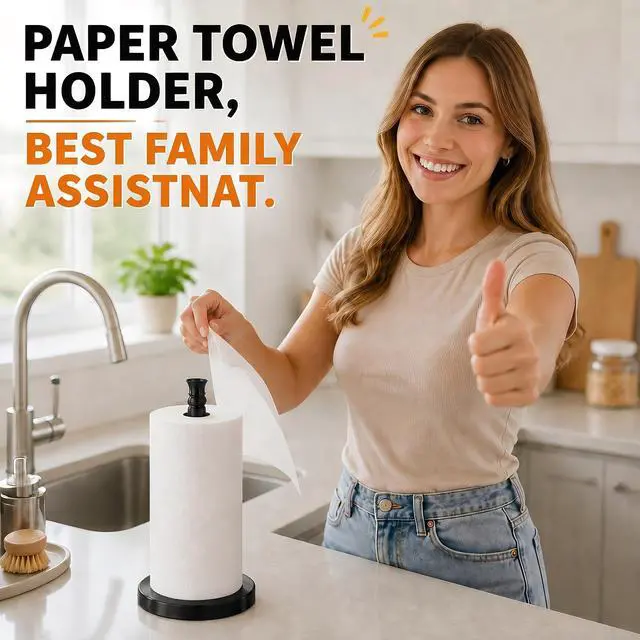 Alt view image 7 of 7 - Black Paper Towel Holder Countertop, Stainless Steel Heavy Weighted Base (2LBS in Weight, and 6.7inch in Diameter), Ripping Paper Towel Off One-Handed, No Wobbly (Black Matte)