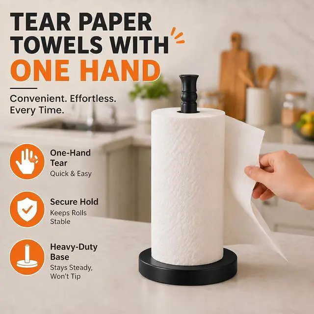 Alt view image 3 of 7 - Black Paper Towel Holder Countertop, Stainless Steel Heavy Weighted Base (2LBS in Weight, and 6.7inch in Diameter), Ripping Paper Towel Off One-Handed, No Wobbly (Black Matte)