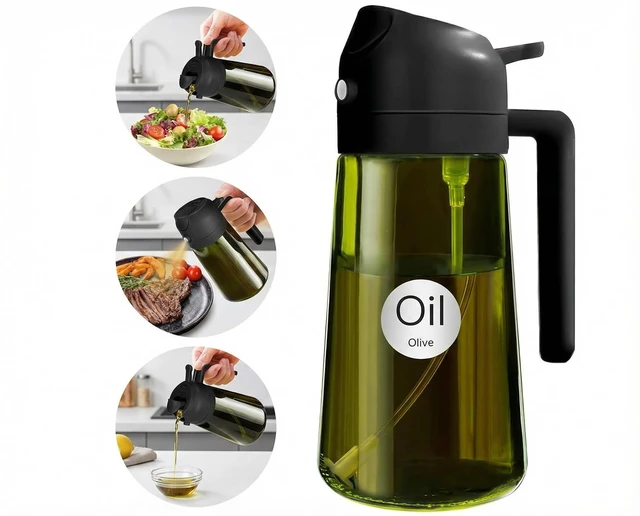 Alt view image 2 of 7 - 16oz/470ml Olive Oil Sprayer & Dispenser 2in1 Dark Glass Olive Oil Mister Bottle for Cooking, Air Fryer & BBQ Fine Mist FoodGrade Oil Sprayer with Pour Spout