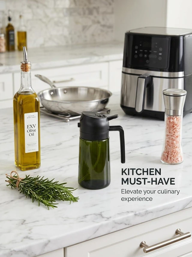 Alt view image 4 of 7 - 16oz/470ml Olive Oil Sprayer & Dispenser 2in1 Dark Glass Olive Oil Mister Bottle for Cooking, Air Fryer & BBQ Fine Mist FoodGrade Oil Sprayer with Pour Spout