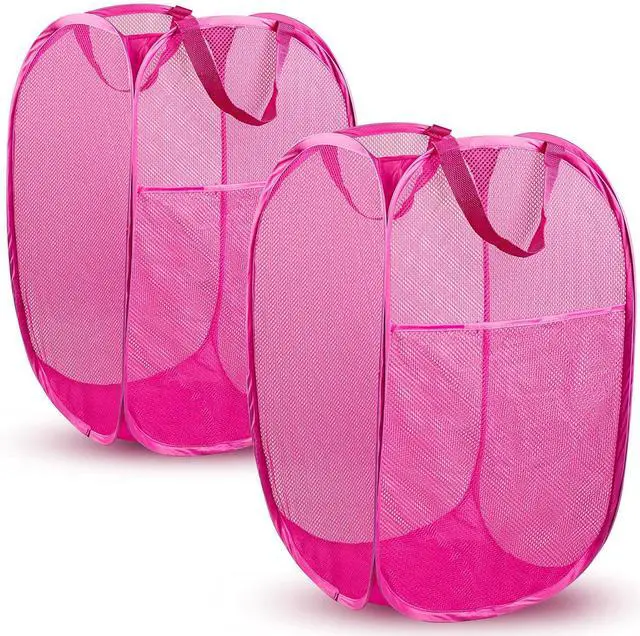 Main image of Pop Up Laundry Hamper, 70L Collapsible Mesh Laundry Basket with Side Pocket, Foldable Dirty Clothes Hamper with Sturdy Reinforced Handles for Home Dorm Bedroom Travel Storage, Pink, 2Pack