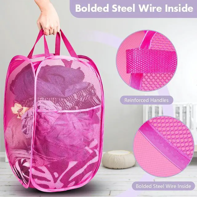 Alt view image 3 of 7 - Pop Up Laundry Hamper, 70L Collapsible Mesh Laundry Basket with Side Pocket, Foldable Dirty Clothes Hamper with Sturdy Reinforced Handles for Home Dorm Bedroom Travel Storage, Pink, 2Pack
