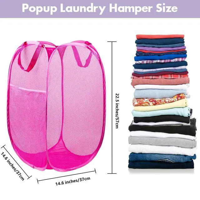 Alt view image 2 of 7 - Pop Up Laundry Hamper, 70L Collapsible Mesh Laundry Basket with Side Pocket, Foldable Dirty Clothes Hamper with Sturdy Reinforced Handles for Home Dorm Bedroom Travel Storage, Pink, 2Pack