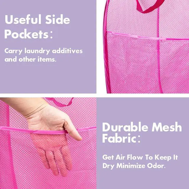 Alt view image 4 of 7 - Pop Up Laundry Hamper, 70L Collapsible Mesh Laundry Basket with Side Pocket, Foldable Dirty Clothes Hamper with Sturdy Reinforced Handles for Home Dorm Bedroom Travel Storage, Pink, 2Pack