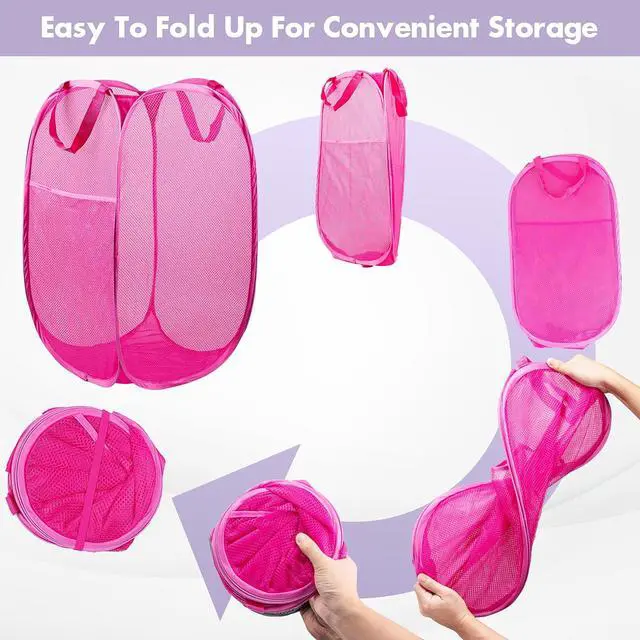 Alt view image 5 of 7 - Pop Up Laundry Hamper, 70L Collapsible Mesh Laundry Basket with Side Pocket, Foldable Dirty Clothes Hamper with Sturdy Reinforced Handles for Home Dorm Bedroom Travel Storage, Pink, 2Pack