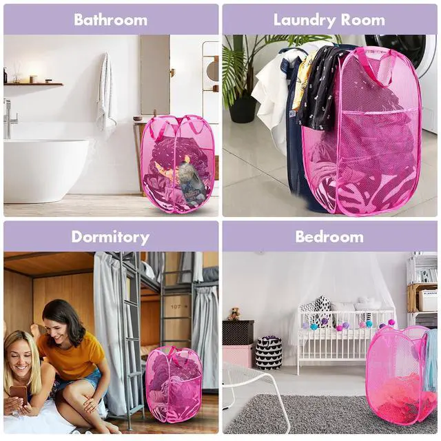 Alt view image 6 of 7 - Pop Up Laundry Hamper, 70L Collapsible Mesh Laundry Basket with Side Pocket, Foldable Dirty Clothes Hamper with Sturdy Reinforced Handles for Home Dorm Bedroom Travel Storage, Pink, 2Pack